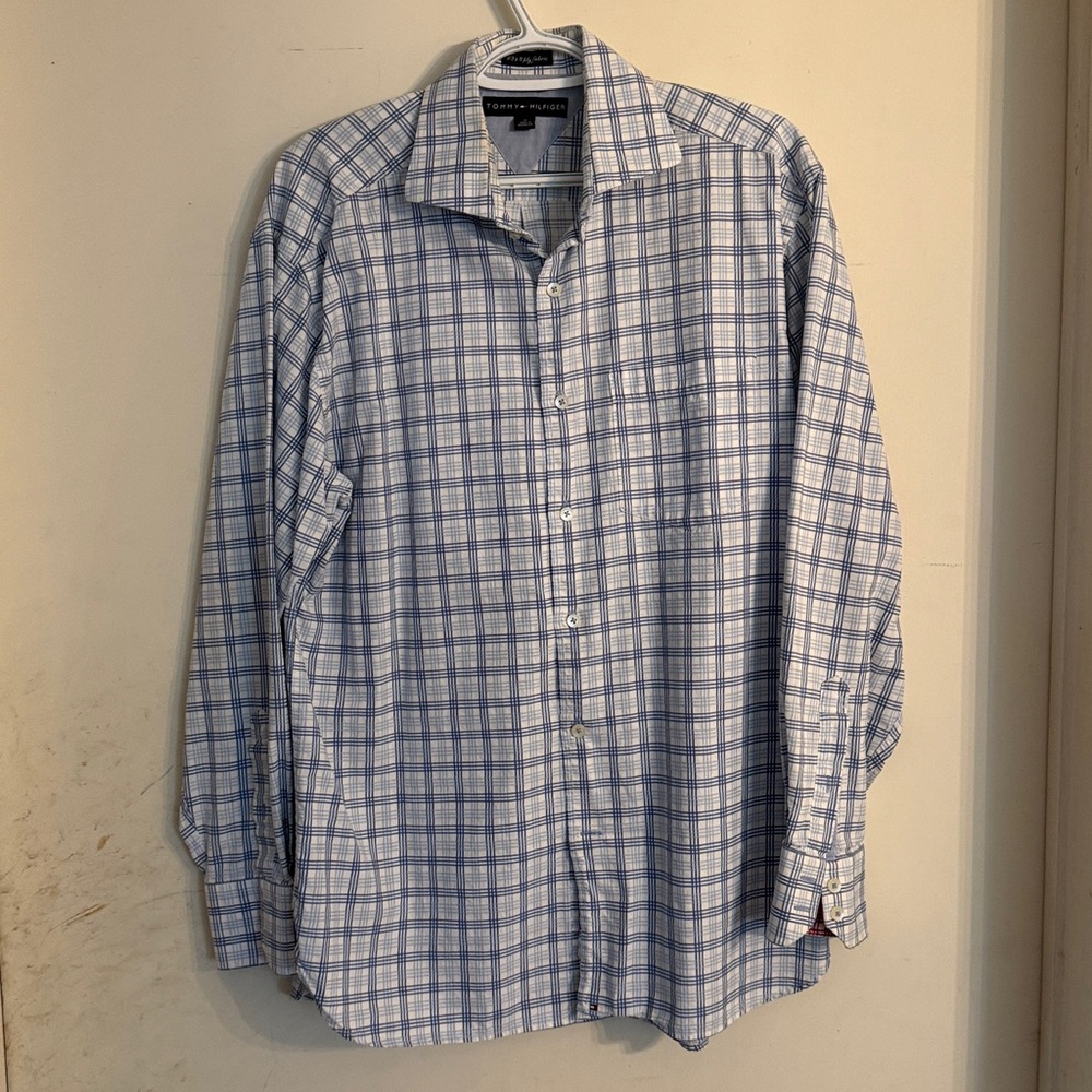 Tommy Hilfiger Light Blue and White Checkered Shirt